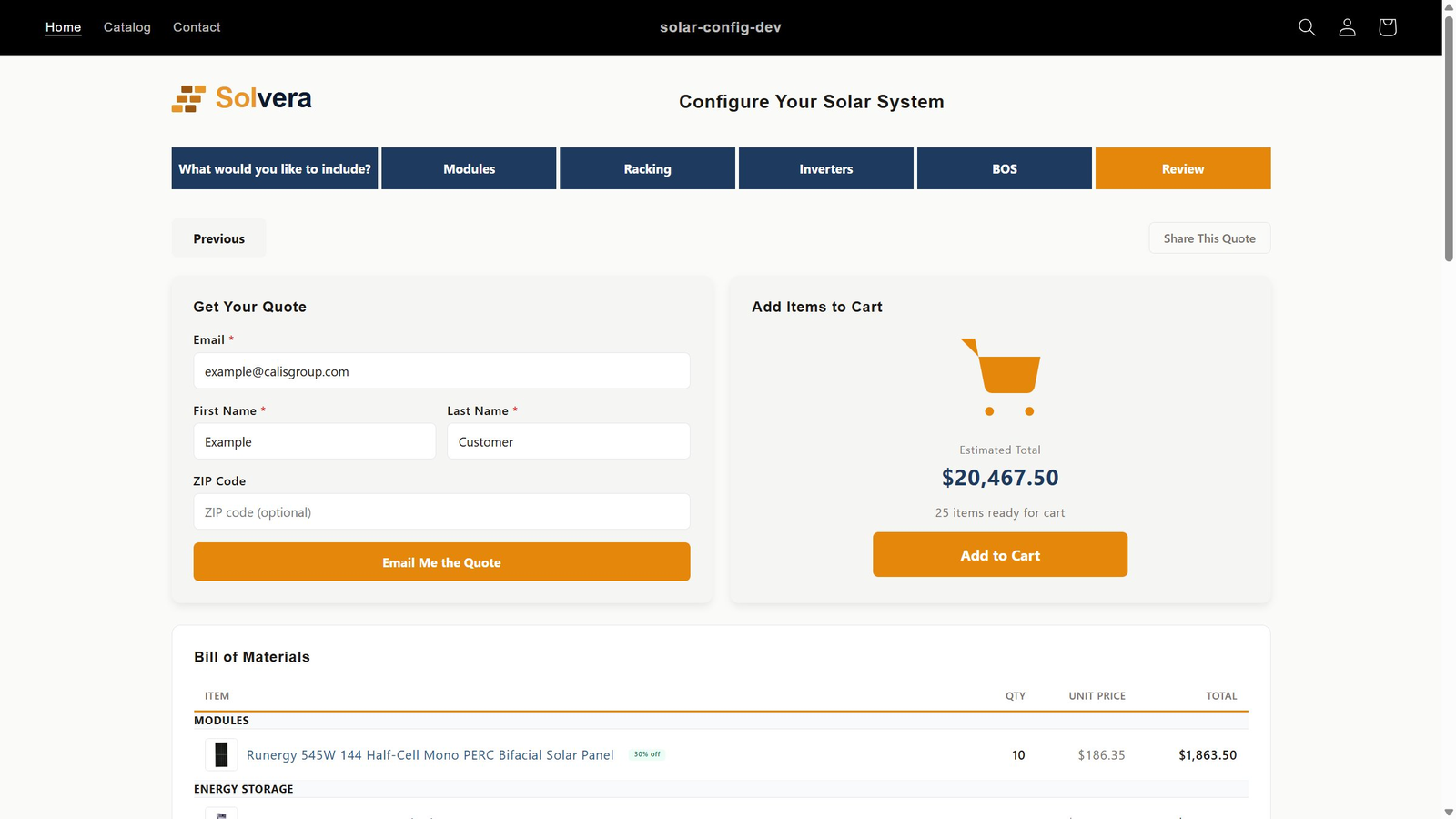 Storefront quote page with email, share, and add to cart options