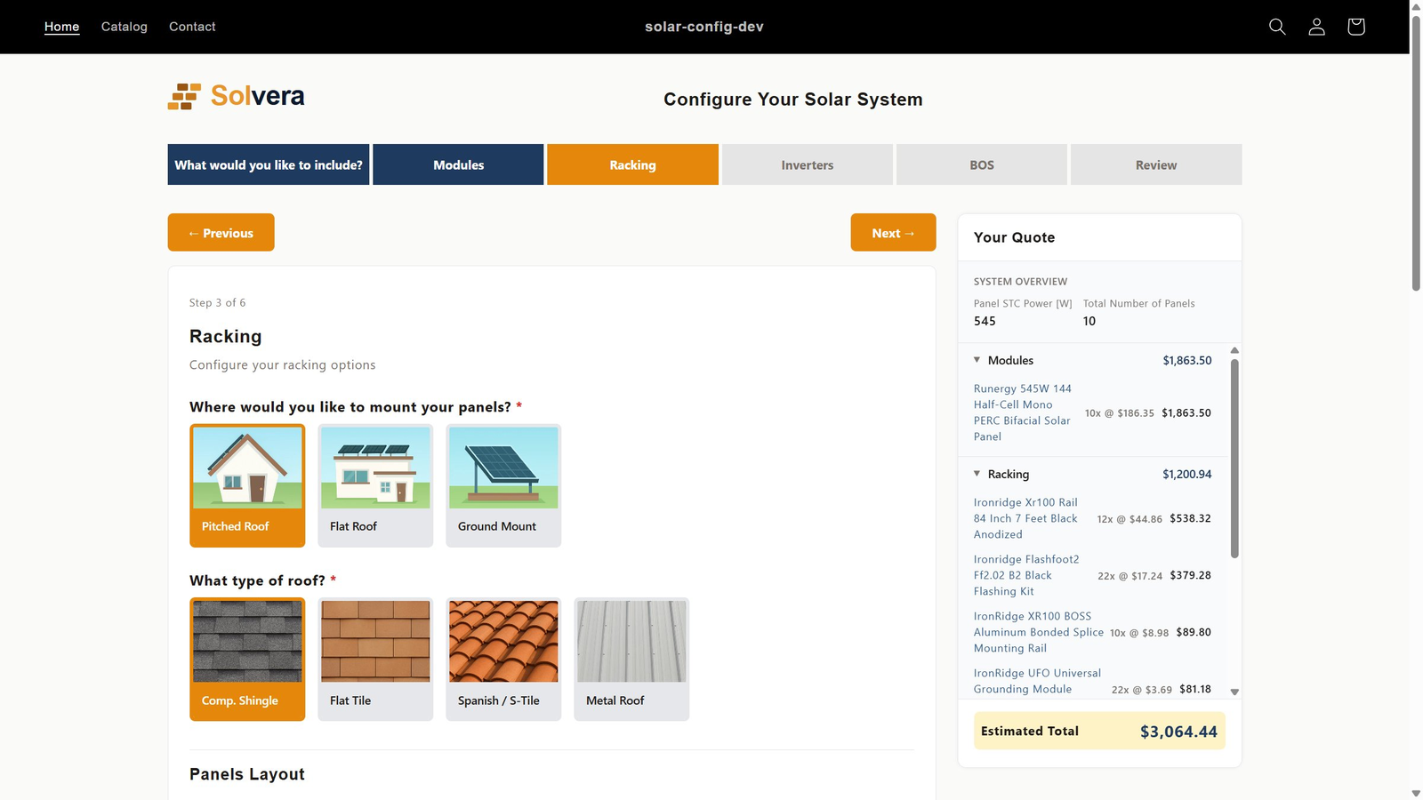 Solvera storefront configurator with live bill of materials