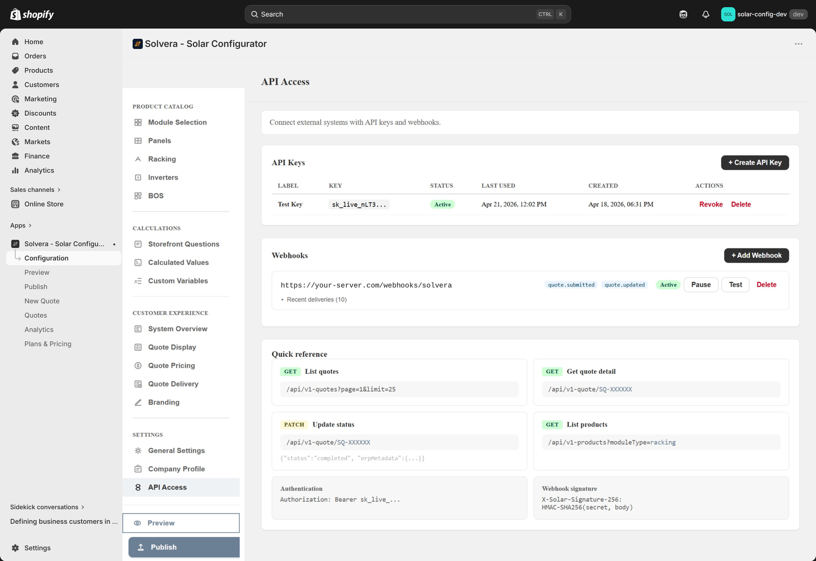 The API Access page in the Solvera admin. At the top is an API Keys section with a Create API Key button and a table showing one key labeled Test Key with a masked sk_live_ value, an Active status, last used and created dates, and Revoke and Delete actions. Below is a Webhooks section with an Add Webhook button and one webhook entry showing an endpoint URL, quote.submitted and quote.updated event chips, an Active status, and Pause, Test, and Delete controls with a Recent deliveries link. A Quick reference panel at the bottom lists the GET, PATCH, and GET endpoints, the Bearer token authentication header, and the webhook HMAC SHA256 signature header.