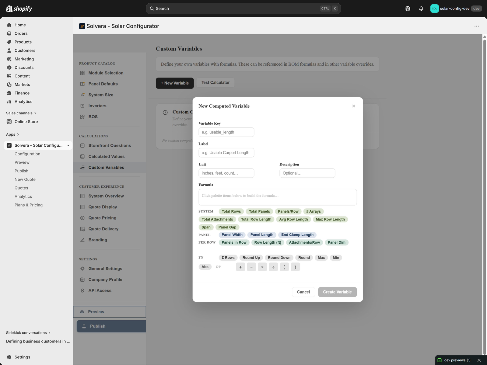 The New Computed Variable creation modal showing fields for Variable Key, Label, Unit, Description, and Formula. Below the formula area is a palette of available building blocks grouped into System (Total Rows, Total Panels, Panels/Row, # Arrays, Total Attachments, Total Row Length, Avg Row Length, Max Row Length, Span, Panel Gap), Panel (Panel Width, Panel Length, End Clamp Length), Per Row (Panels in Row, Row Length (ft), Attachments/Row, Panel Dim), Functions (Sigma Rows, Round Up, Round Down, Round, Max, Min, Abs), and Operators (+, -, x, /, parentheses)