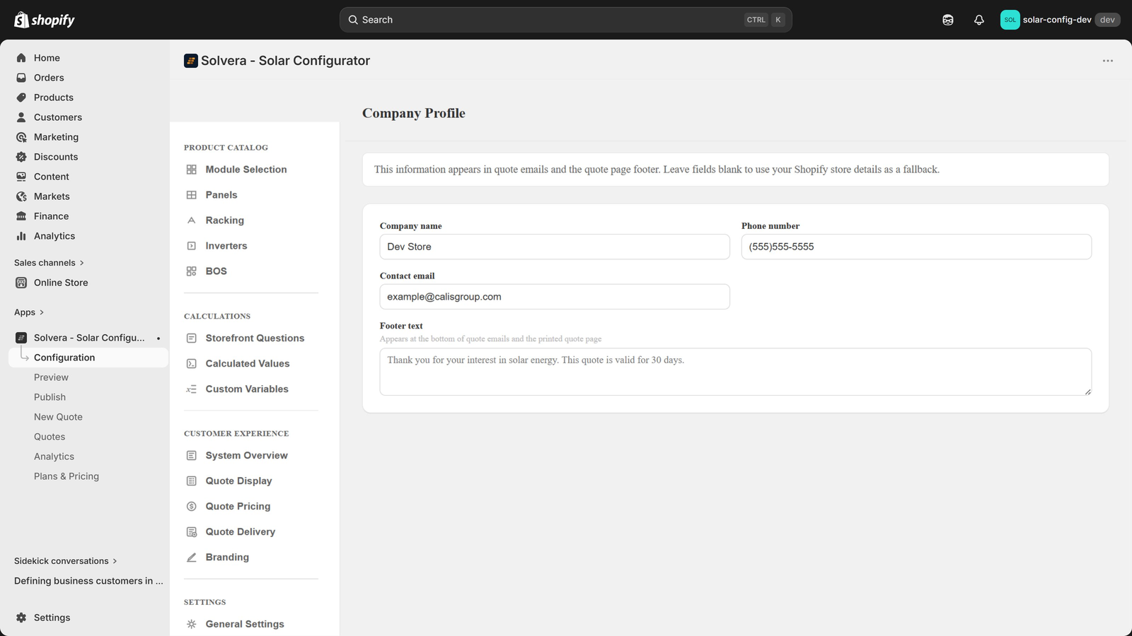 The Company Profile page in Solvera's admin. Four fields are visible: Company name, Phone number, Contact email, and Footer text