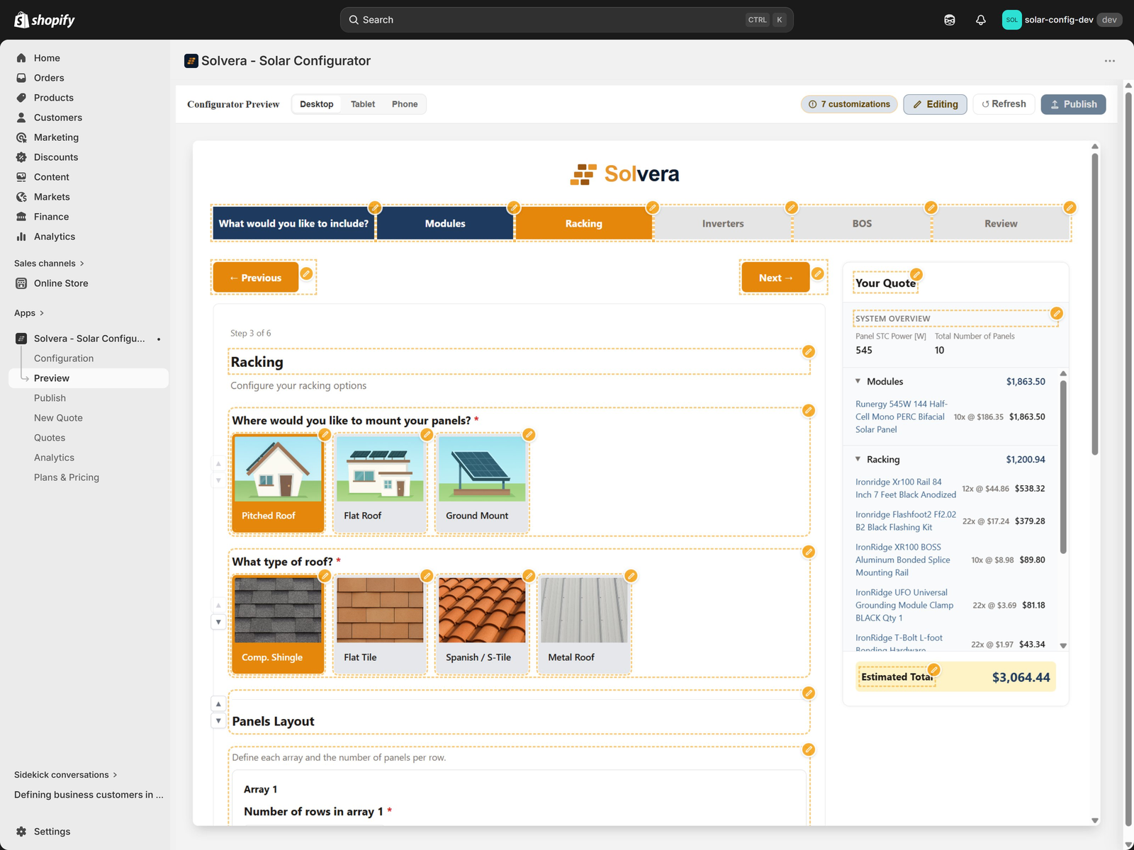 The Configurator Preview page in Edit Mode. Every editable element has a dashed gold outline and a small pencil icon: the wizard tab labels, the navigation buttons, the sidebar header, the System Overview heading, the step titles and descriptions, the mount type cards, the roof type cards, the Panels Layout heading, and the Array configuration fields