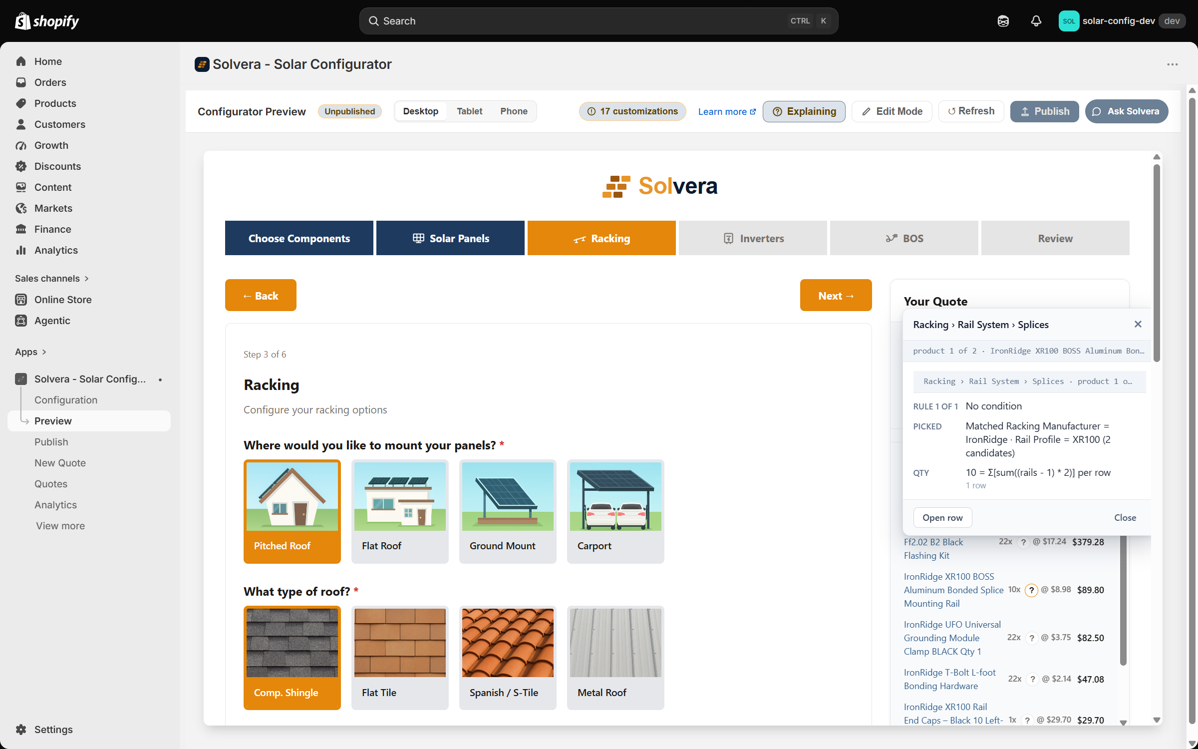The Configurator Preview page with Explain BOM turned on, so the toolbar button reads Explaining and is highlighted, beside Edit Mode, Refresh, Publish and Ask Solvera. The configurator shows the Racking step, and in the Your Quote panel on the right every line carries a small question mark button beside its quantity. One panel is open over the quote. It is headed Racking, Rail System, Splices with a close cross, then a line reading product 1 of 2, IronRidge XR100 BOSS Aluminum Bonded Splice Mounting Rail, and a grey line repeating the same path and position. Three labelled rows follow: RULE 1 OF 1 reading No condition; PICKED reading Matched Racking Manufacturer = IronRidge, Rail Profile = XR100, 2 candidates; and QTY reading 10 = the sum of rails minus 1 times 2 per row, with 1 row beneath it. An Open row button and a Close button sit at the bottom of the panel.