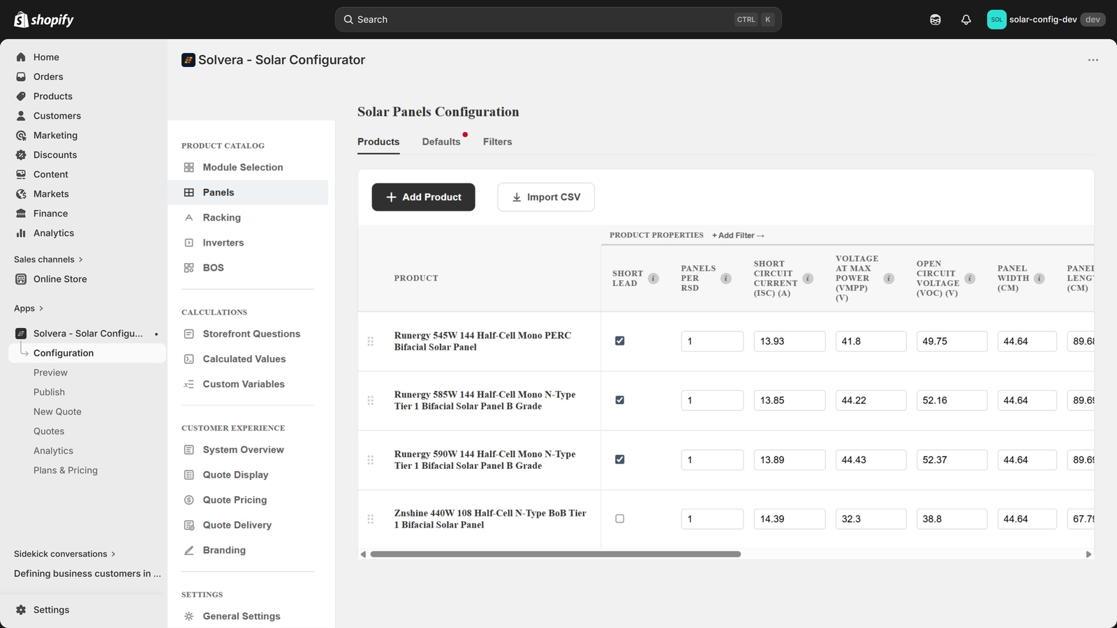 The Solar Panels configuration page in the Solvera admin showing four panel products in a table with property columns: Short Lead, Panels Per RSD, Short Circuit Current, Voltage at Max Power, Open Circuit Voltage, Panel Width