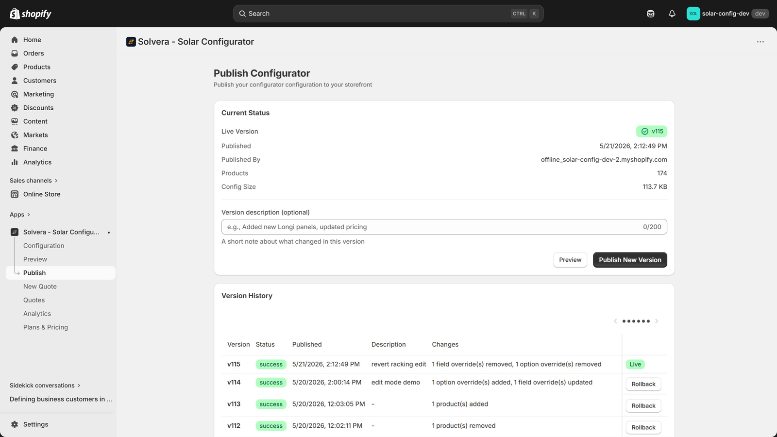 The Solvera Publish Configurator page showing Current Status with live version v115, Version History table with multiple successful versions, and the Publish New Version button