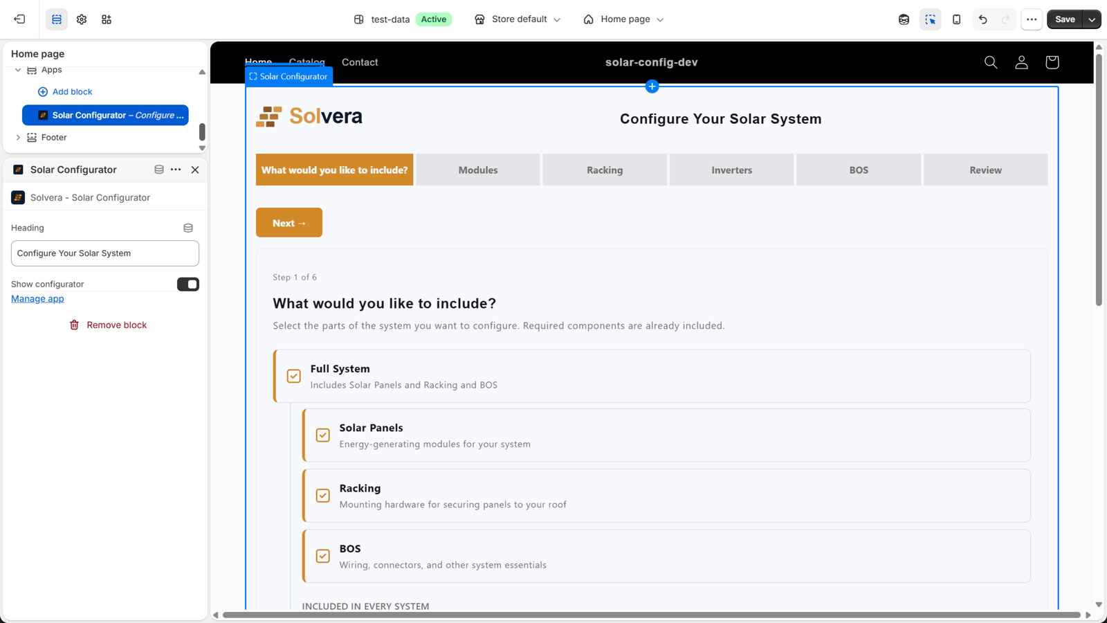 The Shopify theme editor with the Solar Configurator app block added to a page. The left panel shows the block under Apps with a settings panel containing a Heading text field set to Configure Your Solar System and a Show configurator toggle that is on, plus Manage app and Remove block links. The configurator renders in the editor preview on the right.