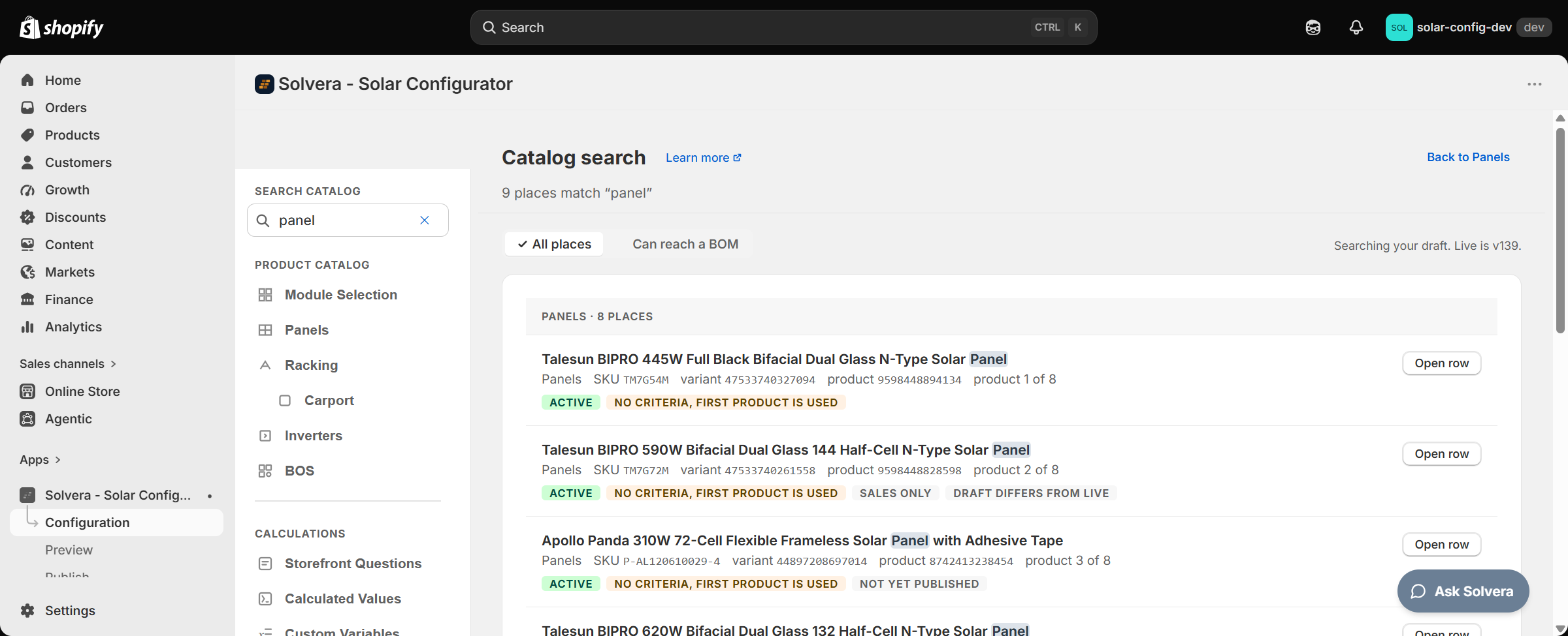 A Catalog search for the word panel, headed 9 places match panel with a Back to Panels link, the All places tab selected, and Searching your draft. Live is v139. at the right. A group header reads PANELS, 8 PLACES. Three results are visible, each a Talesun or Apollo solar panel with the word Panel highlighted in its title, the path Panels, then its SKU, variant and product IDs and a position of product 1 of 8, product 2 of 8 and product 3 of 8, each with an Open row button. Every row carries a green ACTIVE label and an amber NO CRITERIA FIRST PRODUCT IS USED. The second row adds SALES ONLY and DRAFT DIFFERS FROM LIVE; the third adds NOT YET PUBLISHED.