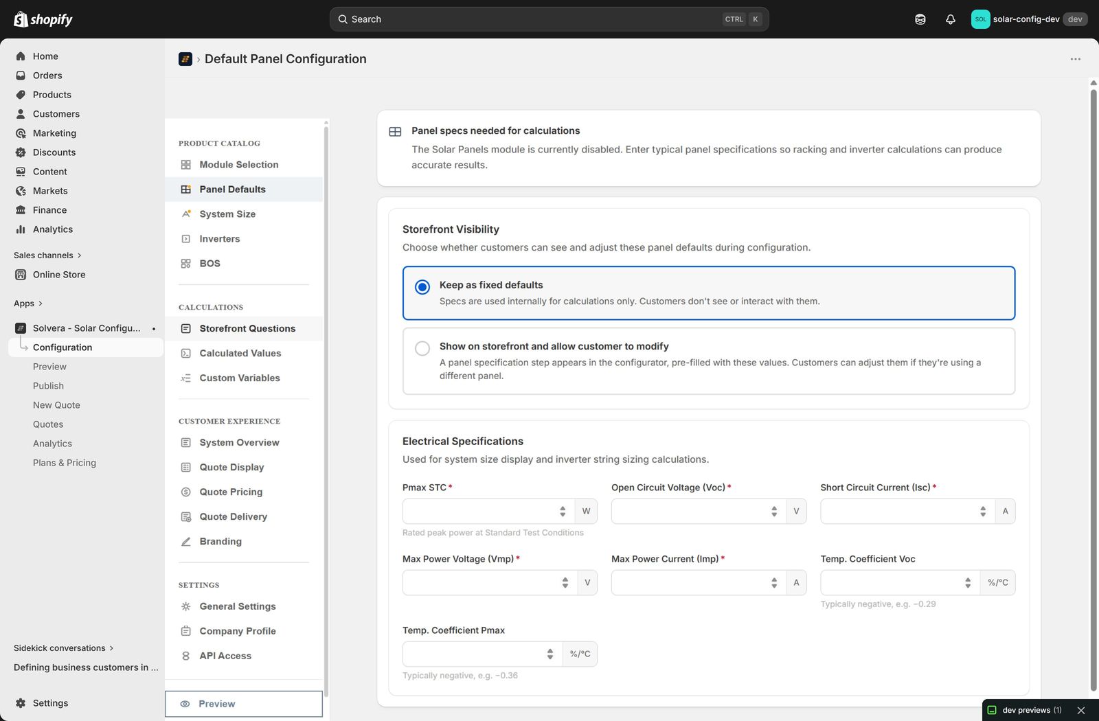 The Panel Defaults configuration page in Solvera admin, shown when the Solar Panels module is disabled. The page has an intro banner explaining 'Panel specs needed for calculations', a Storefront Visibility section with two radio options ('Keep as fixed defaults' selected, 'Show on storefront and allow customer to modify'), and an Electrical Specifications section with fields for Pmax STC, Voc, Isc, Vmp, Imp, and temperature coefficients