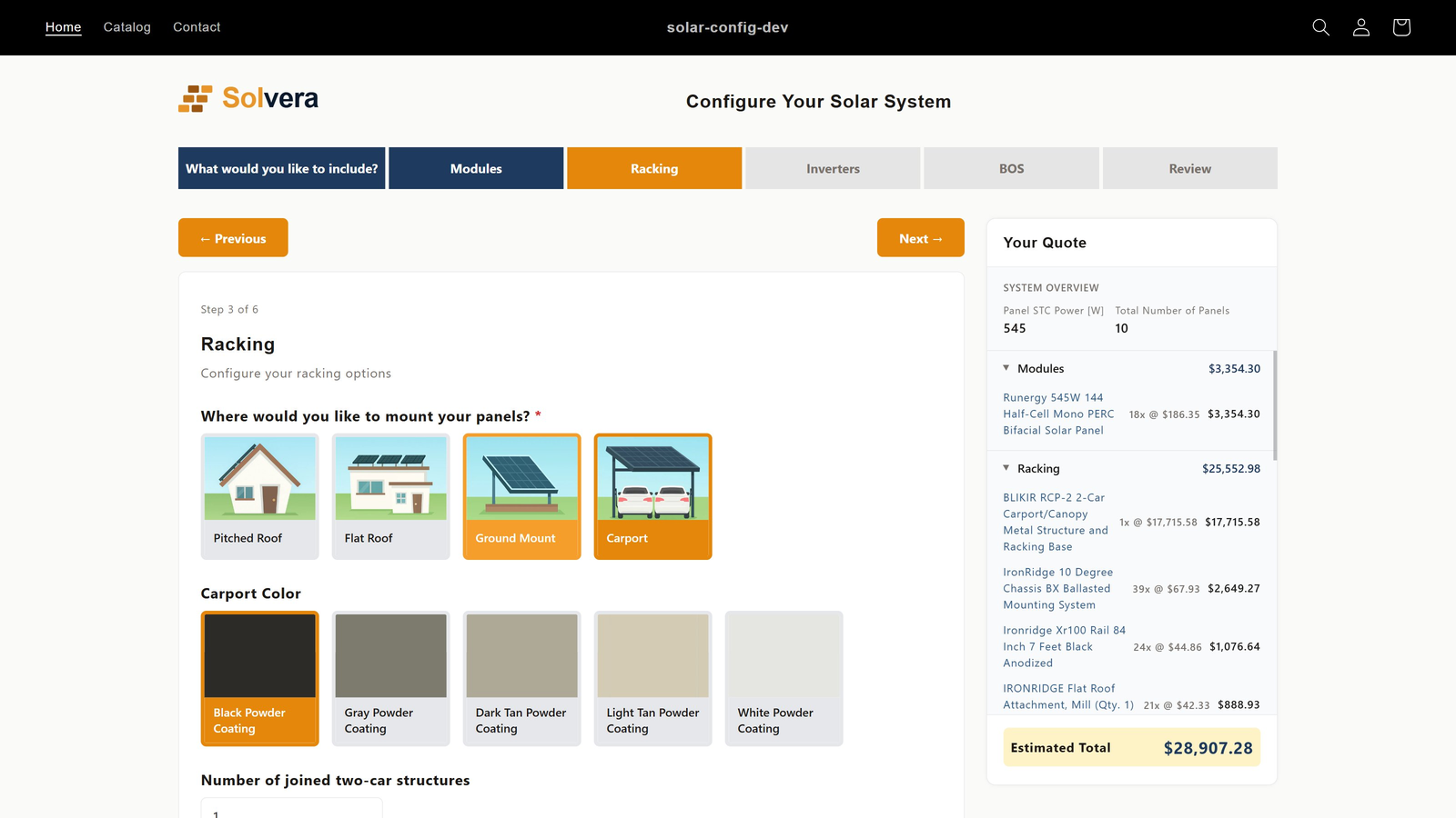 The storefront Racking step on the Solvera-powered store, showing four mount type cards: Pitched Roof, Flat Roof, Ground Mount, and Carport. The Carport card is selected, and a Carport Color question appears below with five color swatches