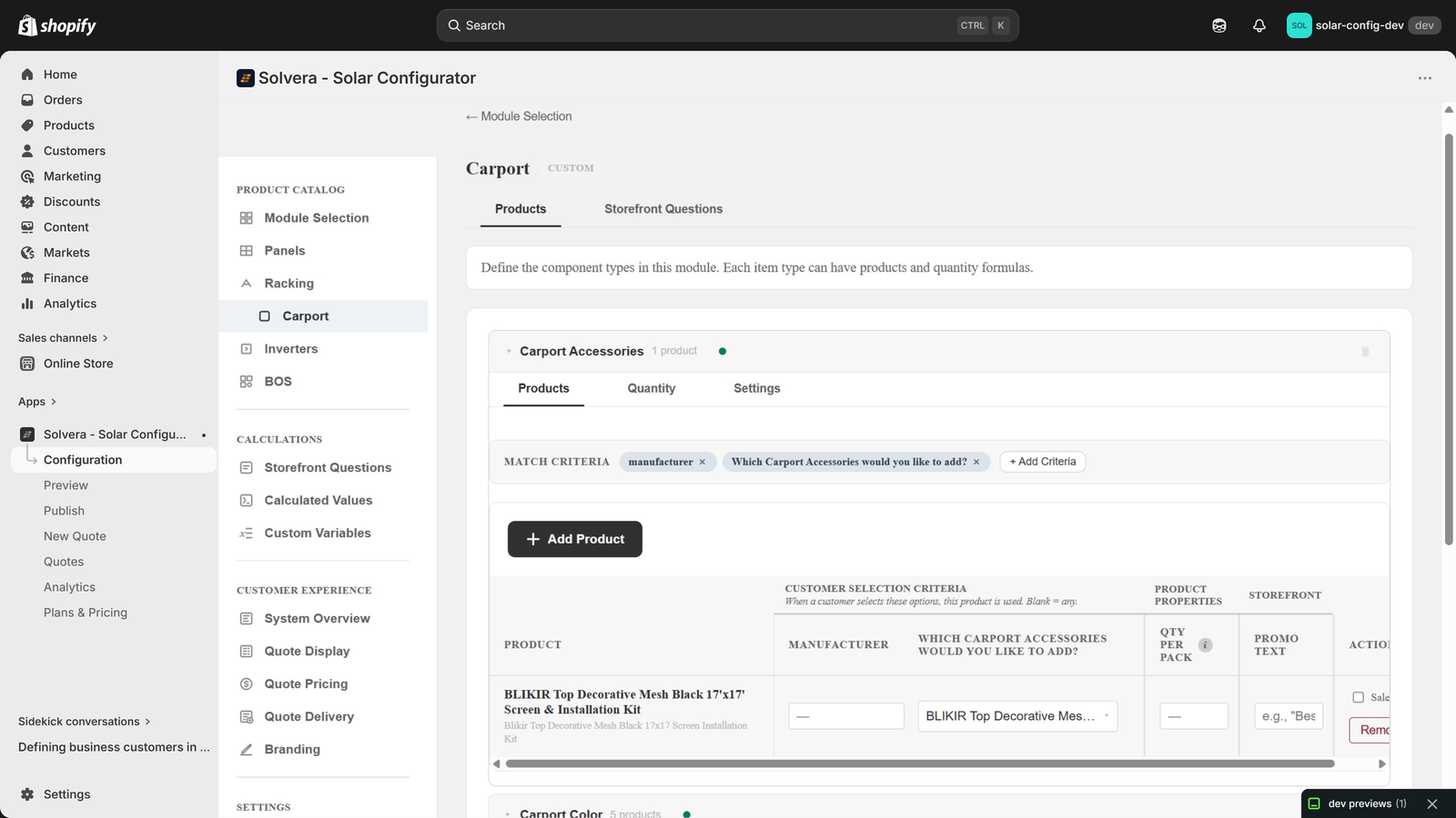 The Solvera admin sidebar showing Racking with an indented 'Carport' sub-module beneath it, marked with a CUSTOM badge. The Carport configuration page is open with its Products and Storefront Questions tabs, showing item types and match criteria