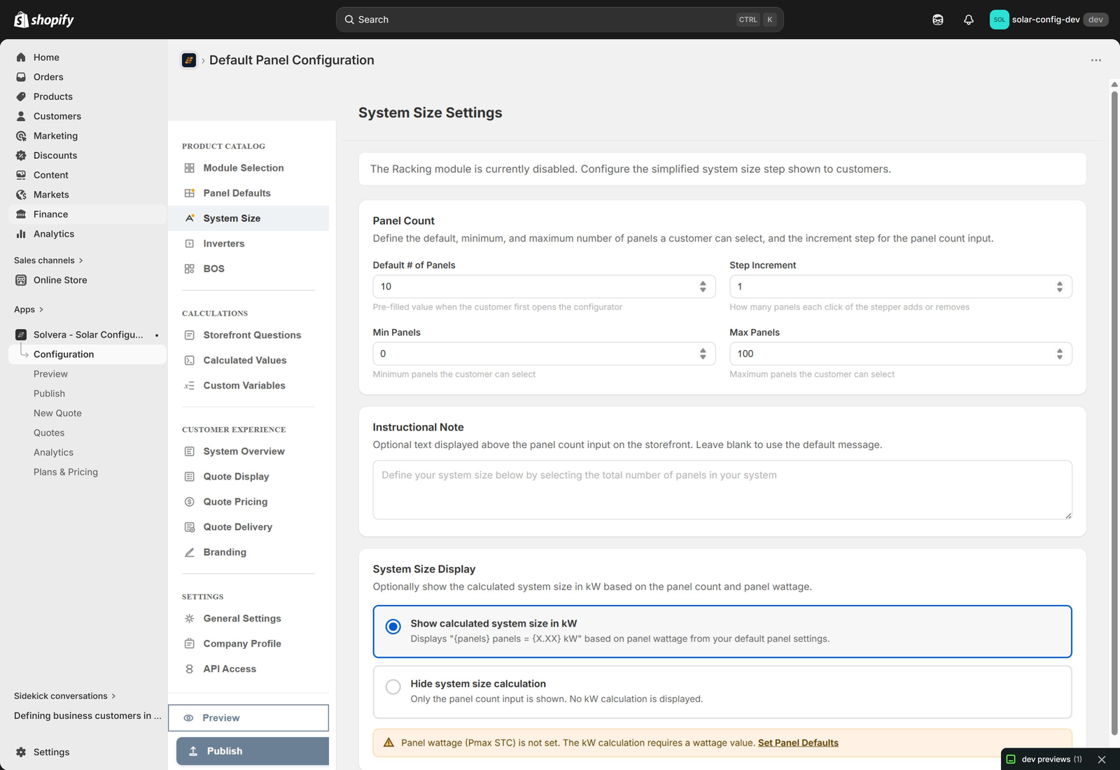 The System Size configuration page in Solvera admin, shown when the Racking module is disabled. The page shows Panel Count fields (Default # of Panels: 10, Step Increment: 1, Min Panels: 0, Max Panels: 100), an Instructional Note text area with placeholder text, and a System Size Display section with 'Show calculated system size in kW' selected. A warning at the bottom notes that Panel wattage (Pmax STC) is not set