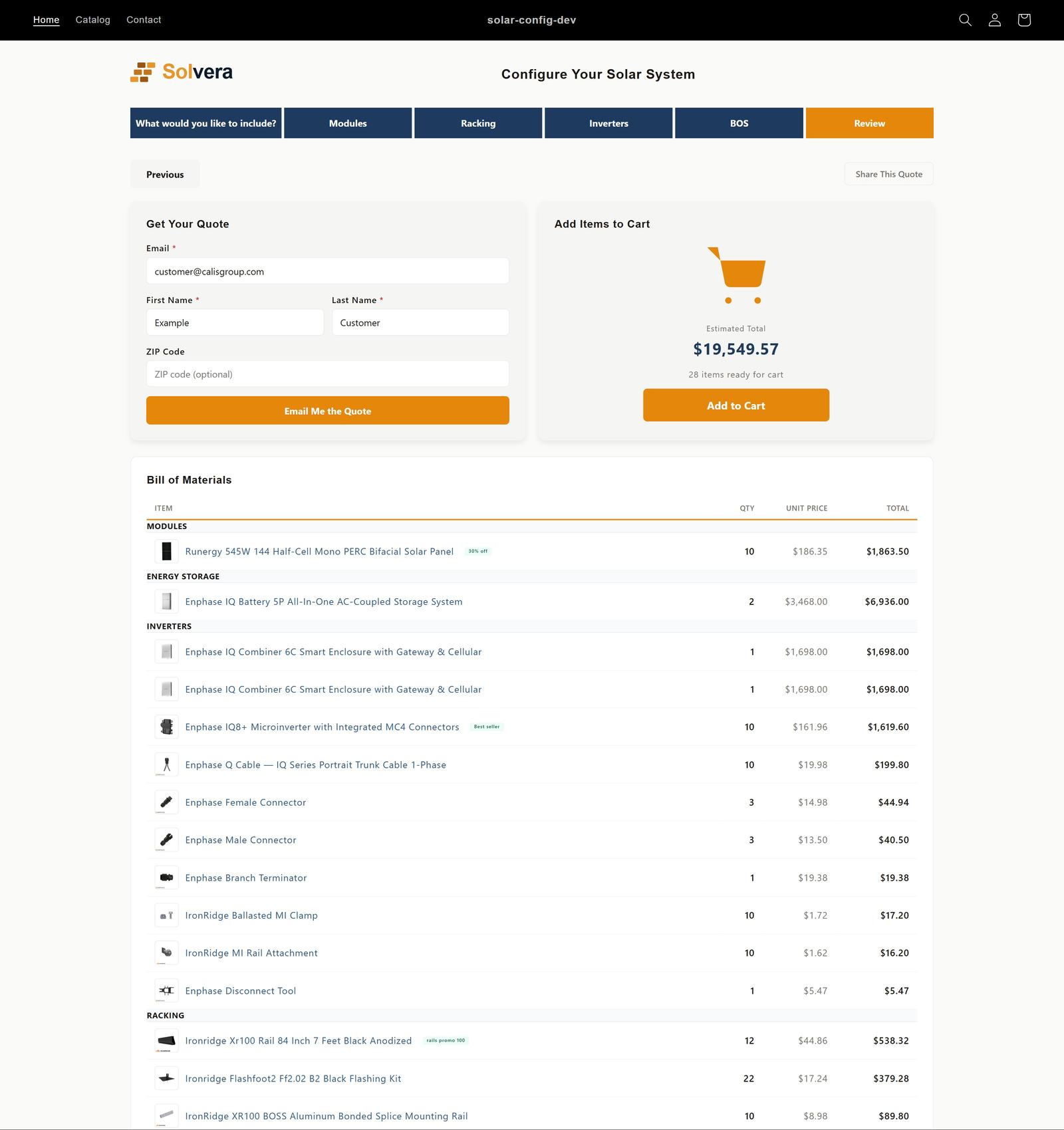 The customer-facing quote page on the storefront. The top shows the wizard tabs with Review highlighted, a Previous button on the left, and a Share This Quote button on the right. Two cards sit side by side below: Get Your Quote with email, first name, last name, and optional ZIP fields and an Email Me the Quote button; and Add Items to Cart with a cart icon, an Estimated Total of 19,549.57 dollars, a 28 items ready for cart label, and an Add to Cart button. Below the cards is a Bill of Materials table grouped by Modules, Energy Storage, Inverters, and Racking, with promotional badges like 30 percent off and Best seller on flagged items