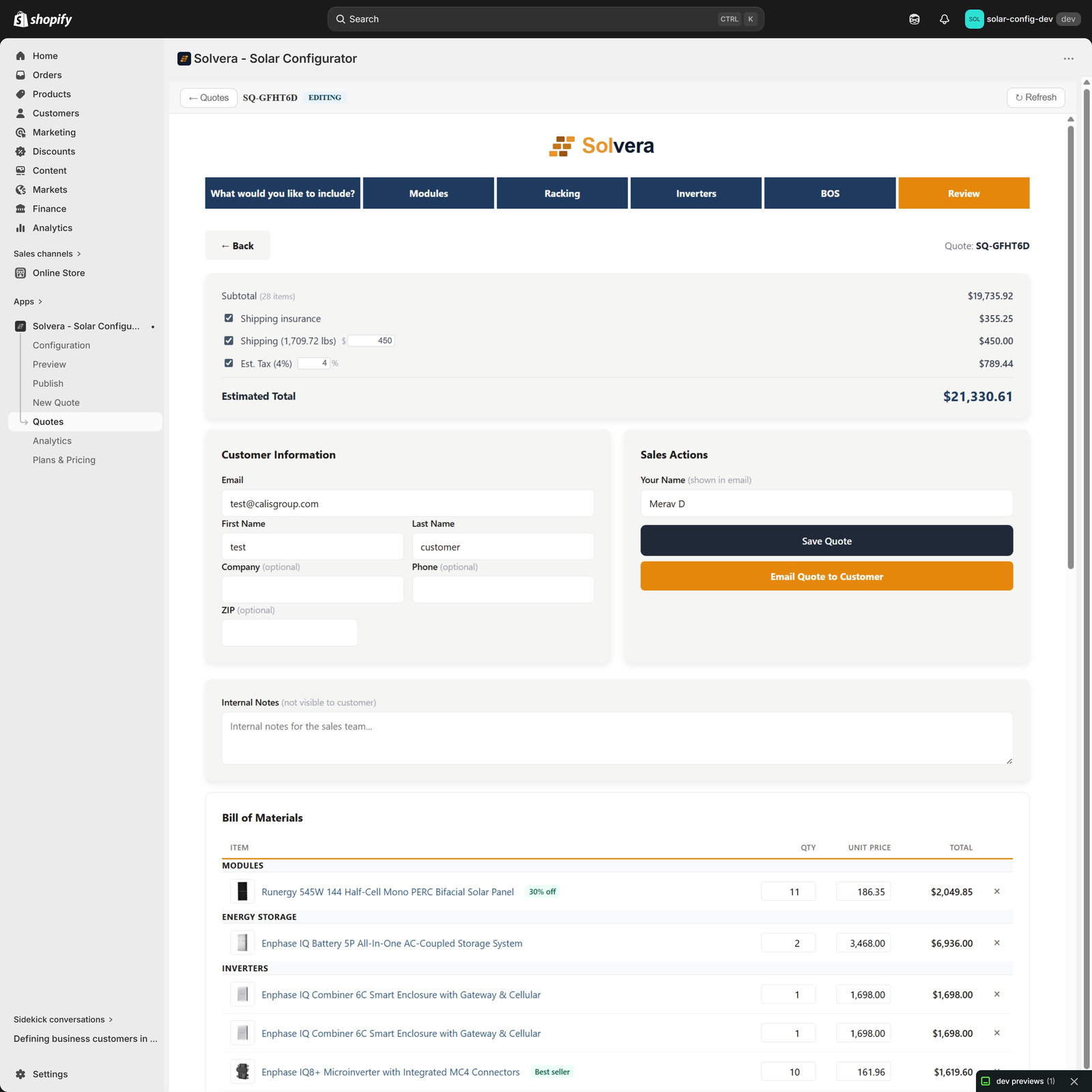 The Sales Mode quote review and editing screen. The top shows a back link to Quotes, the quote reference SQ-GFHT6D, and an EDITING badge. Below is a pricing breakdown with a Subtotal (28 items) of 19,735.92 dollars, a checked Shipping insurance surcharge for 355.25 dollars, a Shipping line for 1,709.72 lbs with an editable dollar input set to 450 (showing 450.00 dollars), a checked Est. Tax line with an editable 4 percent rate (showing 789.44 dollars), and an Estimated Total of 21,330.61 dollars. Below the breakdown are a Customer Information card with editable email, first name, last name, company, phone, and ZIP fields; a Sales Actions card with a Your Name field set to Merav D, a Save Quote button, and an Email Quote to Customer button; an Internal Notes text area not visible to the customer; and a Bill of Materials table with editable QTY and UNIT PRICE input fields on each row and a delete X button