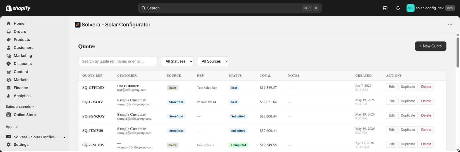 The Quotes list page. The top shows a Quotes heading and a + New Quote button. Below are a search box reading Search by quote ref, name, or email, an All Statuses filter dropdown, and an All Sources filter dropdown. Below that is a table with columns for Quote Ref, Customer, Source, Rep, Status, Total, Notes, Created, and Actions. Several quotes are visible in different statuses and sources: SQ-GFHT6D from a Sales source by Test Sales Rep marked Sent at 19,549.57 dollars; SQ-17YADV from Storefront marked Sent at 37,021.64 dollars; SQ-9GNQGY from Storefront marked Submitted at 37,600.44 dollars; SQ-JEMV80 from Storefront marked Submitted at 37,600.44 dollars; SQ-29XLOW from Sales by Eric Solvera marked Completed at 19,549.58 dollars. Each row has Edit, Duplicate, and Delete action buttons