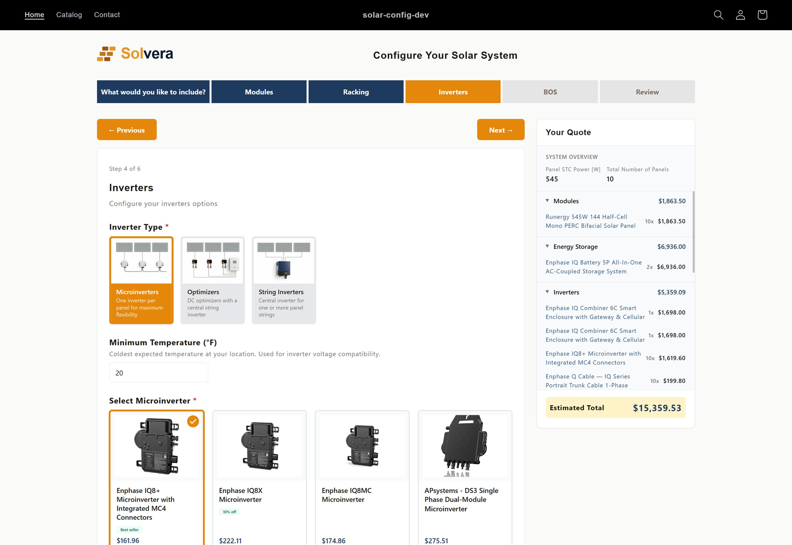 The storefront mid-wizard on the Inverters step. The main area shows Inverter Type cards (Microinverters selected, Optimizers, String Inverters), a Minimum Temperature input, and a Select Microinverter grid with four product cards. The right sidebar shows Your Quote with a System Overview at the top (Panel STC Power 545, Total Number of Panels 10), then collapsible sections for Modules with one line item, Energy Storage with one line item, and Inverters with multiple line items already populated. At the bottom is an Estimated Total of 15,359.53 dollars