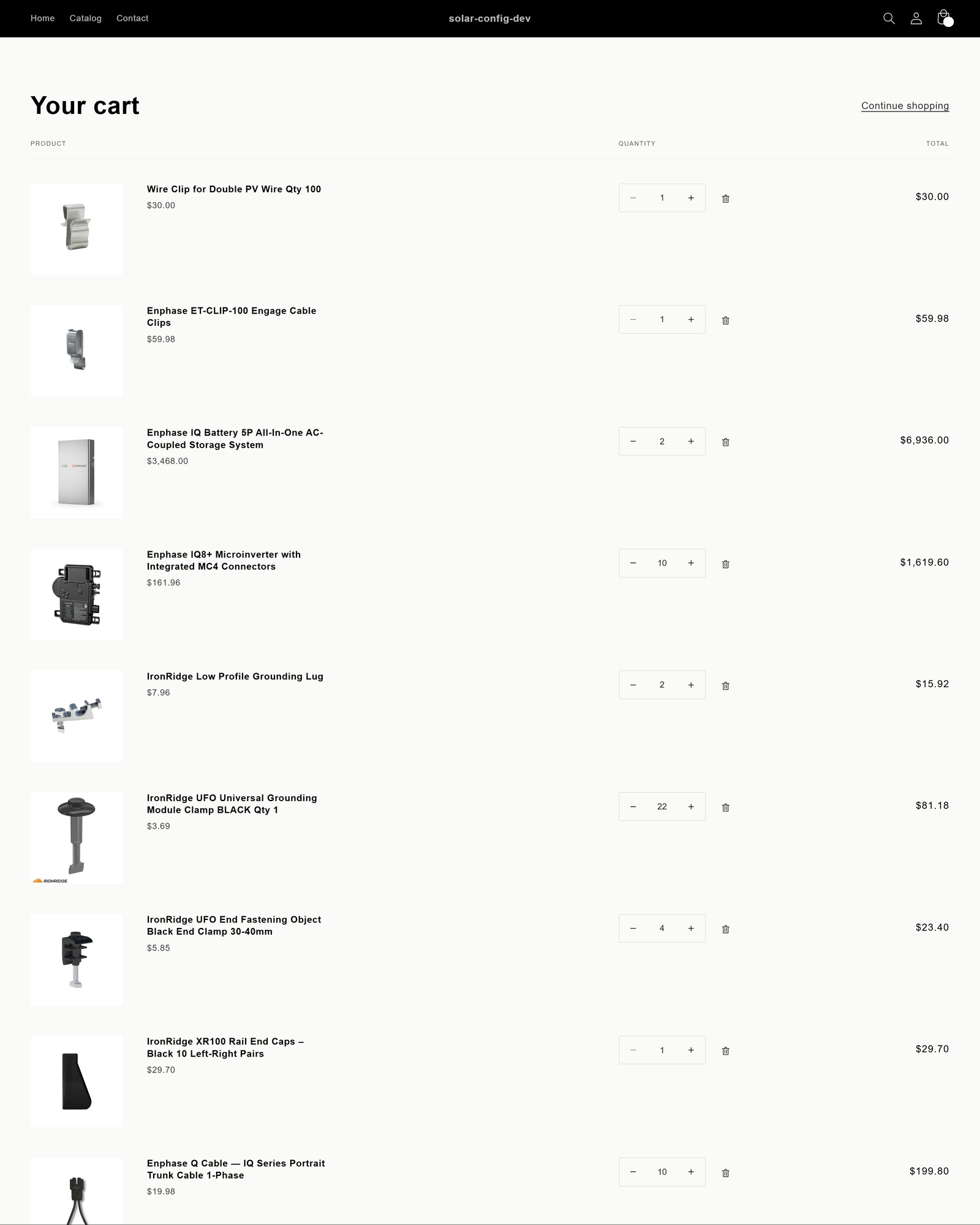 The standard Shopify cart populated with the configured solar system. The cart shows multiple line items including Wire Clip for Double PV Wire, Enphase ET-CLIP-100 Engage Cable Clips, Enphase IQ Battery 5P All-In-One AC-Coupled Storage System, Enphase IQ8 Plus Microinverter with Integrated MC4 Connectors, IronRidge Low Profile Grounding Lug, IronRidge UFO Universal Grounding Module Clamp, IronRidge UFO End Fastening Object Black End Clamp, IronRidge XR100 Rail End Caps, and Enphase Q Cable. Each line shows a quantity stepper, a delete icon, and a total price