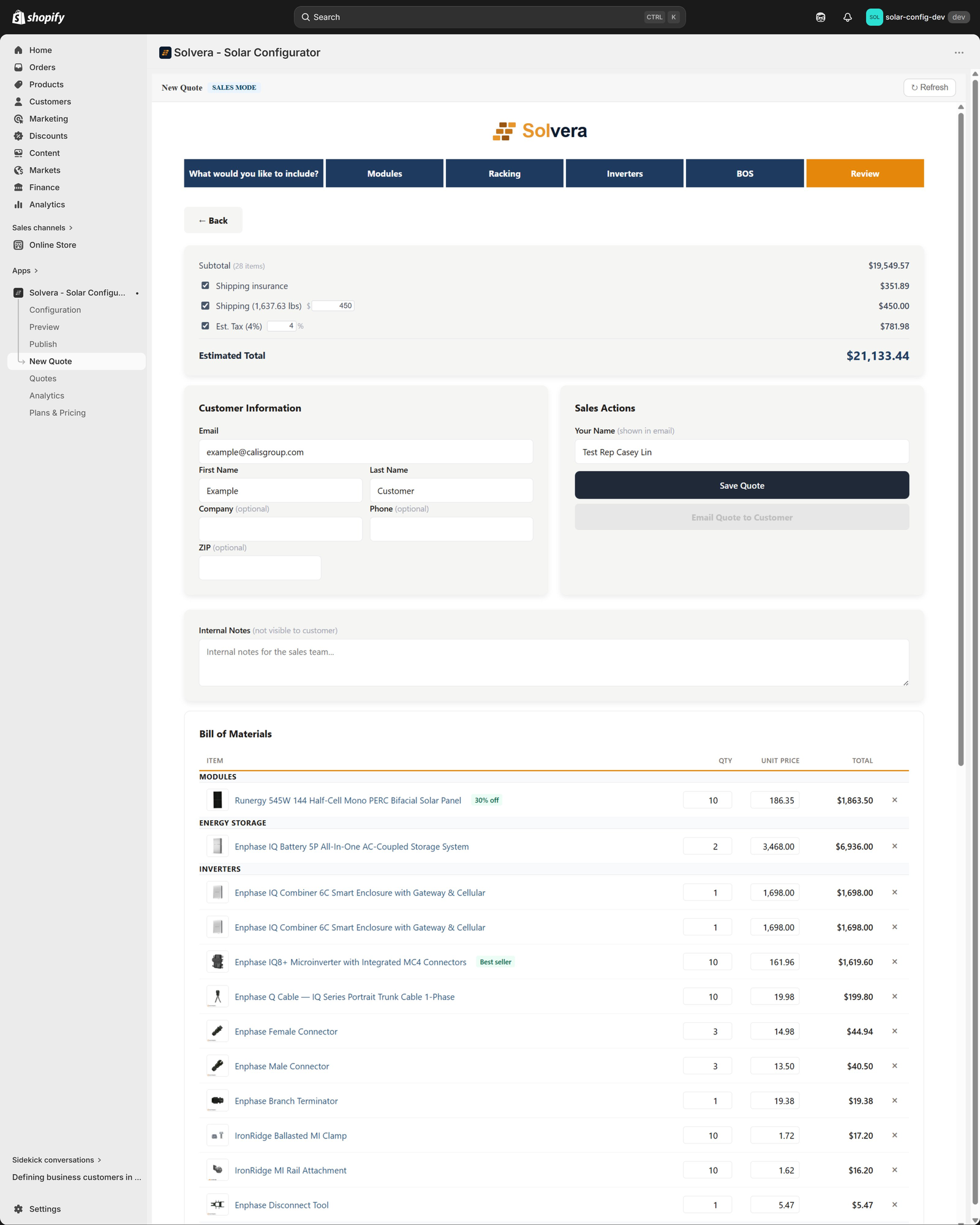 The sales New Quote workspace on the Review step with a SALES MODE badge. An editable pricing block shows subtotal, shipping insurance, an editable shipping cost, and an editable estimated tax percentage with an estimated total. A Customer Information panel and a Sales Actions panel (Your Name, Save Quote, Email Quote to Customer) and an Internal Notes field appear above the Bill of Materials. The BOM table has editable quantity and unit price input fields and a remove button on each row.