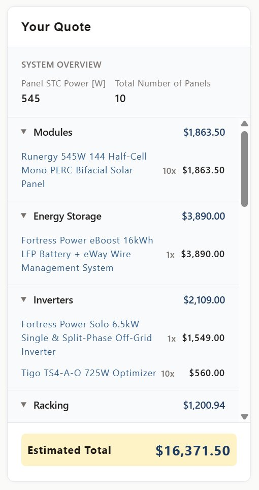 The live Your Quote sidebar mid wizard. A system overview shows panel STC power and total number of panels. Grouped categories (Modules, Energy Storage, Inverters, Racking) each list their line items with quantities and prices and a category subtotal. A highlighted Estimated Total appears at the bottom.