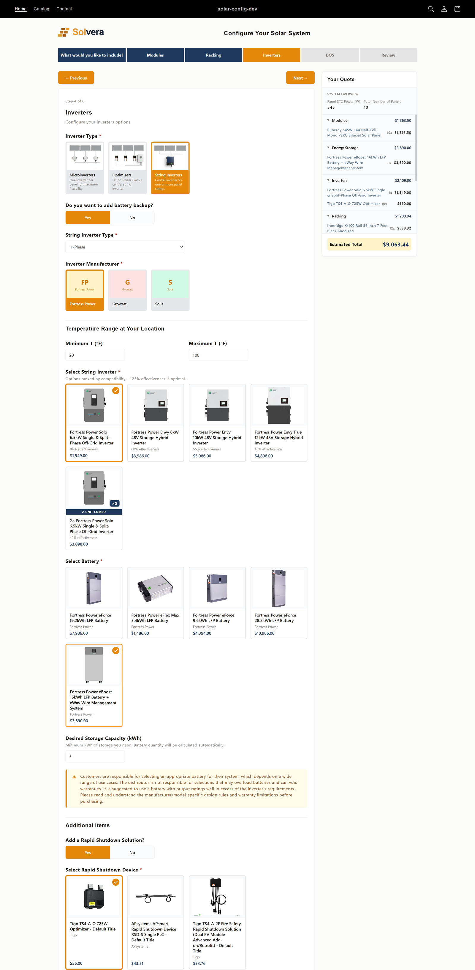 The Inverters step. Inverter type cards (Microinverters, Optimizers, String Inverters) appear at the top with String Inverters selected. A battery backup yes or no toggle, string inverter phase type, and inverter manufacturer cards follow. A Select String Inverter grid ranks options by compatibility with effectiveness percentages, including a stacked 2-Unit Combo option. A Select Battery grid, desired storage capacity input, a warranty advisory note, and a Rapid Shutdown device selection appear below. The quote sidebar on the right itemizes modules, energy storage, inverters, and racking with a running total.