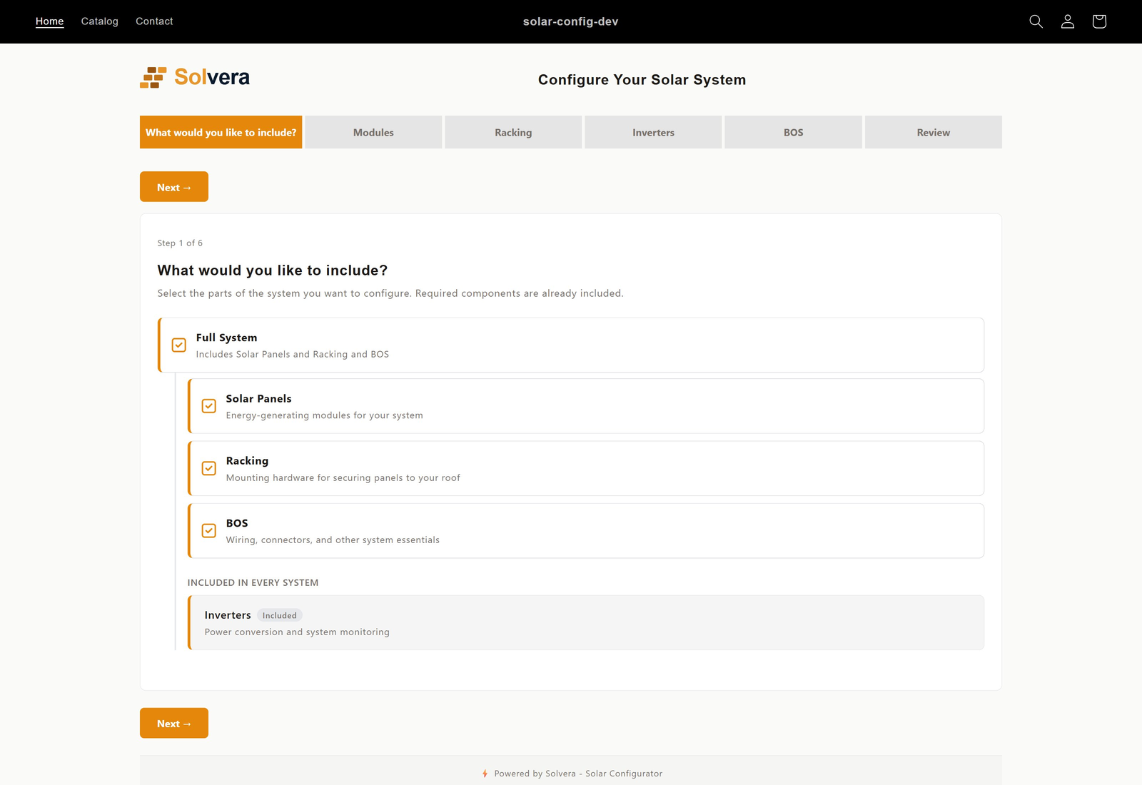 The storefront configurator on its first step. A progress bar across the top shows the wizard stages (What would you like to include, Default Panel, System Size, Inverters, BOS, Review) with the first stage active. Previous and Next buttons sit below the progress bar, and the Solvera logo and a Configure Your Solar System heading appear at the top.