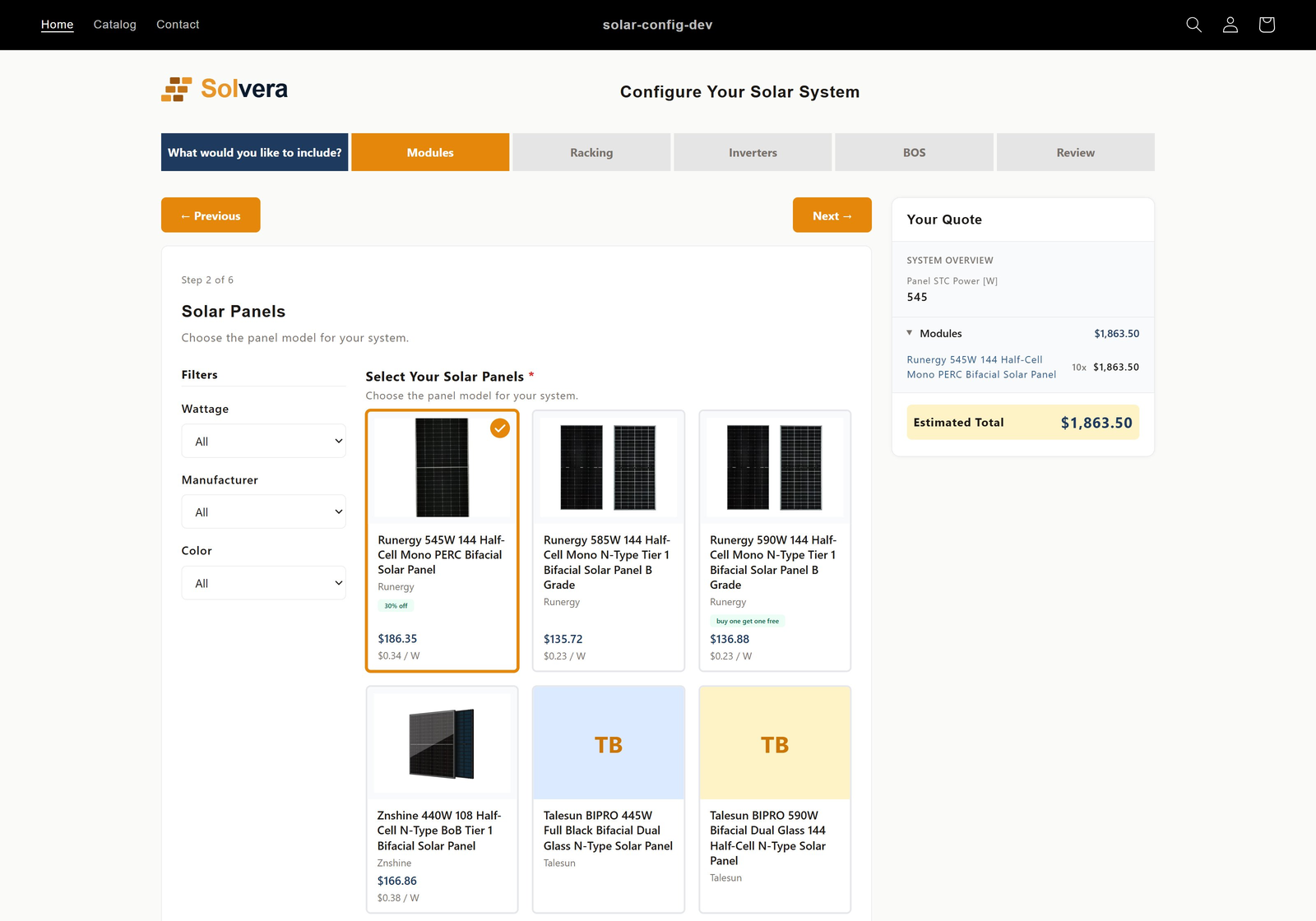 The Solar Panels step. A Filters column on the left has Wattage, Manufacturer, and Color dropdowns. A grid of panel product cards shows live images, names, manufacturers, and prices per watt, with one card selected and outlined. The live Your Quote sidebar on the right shows a system overview and a Modules line with a running estimated total.