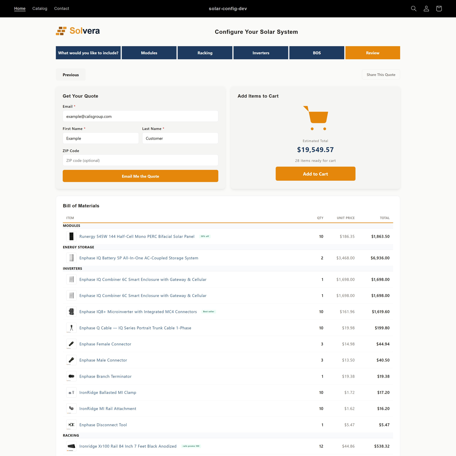 The final quote page. At the top left a Get Your Quote card has Email, First Name, Last Name, and optional ZIP Code fields with an Email Me the Quote button. At the top right an Add Items to Cart card shows an estimated total, an item count, and an Add to Cart button. A Share button sits at the top right of the page. Below, a Bill of Materials table groups line items under Modules, Energy Storage, Inverters, Racking, and BOS headings, each row showing item, quantity, and unit price, with a subtotal at the bottom.