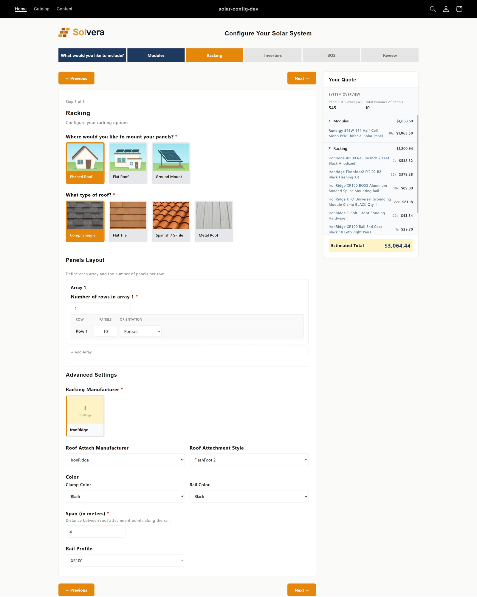 The Racking step. Mount type image cards (Pitched Roof, Flat Roof, Ground Mount) appear at the top with Pitched Roof selected, followed by roof type cards (Comp. Shingle, Flat Tile, Spanish S-Tile, Metal Roof). A Panels Layout section defines arrays and rows. An Advanced Settings section shows Racking Manufacturer, Roof Attach Manufacturer, Roof Attachment Style, Clamp Color, Rail Color, Span, and Rail Profile selections. The live quote sidebar on the right lists racking line items with quantities and a running total.